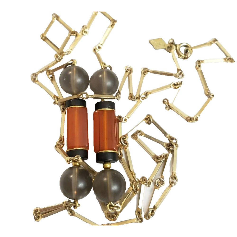 Vintage‎ Sarah Coventry Lucite Long Station Necklace Brown Black Gold tone